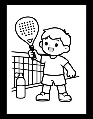 Dibujo para colorear de un niño sonriente con una pala de pádel junto a una pared de cristal y una botella de agua en el suelo