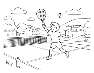 Dibujo para colorear de un niño saltando para golpear la pelota de pádel con su pala dentro de una pista con cristales y red