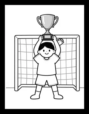 Dibujo para colorear de un niño con camiseta blanca que levanta un trofeo delante de una portería de fútbol.