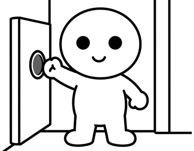 Dibujo para colorear de un niño sonriente llamando al timbre de una puerta con una cesta de caramelos en la otra mano.