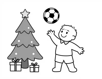 Dibujo para colorear de un niño sonriente con camiseta blanca y cuello dorado que hace juegos malabares con un balón de fútbol junto a un árbol de Navidad con regalos