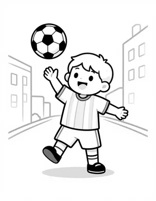 Dibujo para colorear de un niño con camiseta de rayas que hace juegos malabares con un balón de fútbol en una calle de la ciudad