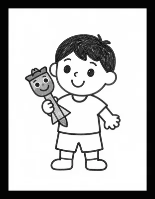 Dibujo para colorear de un niño sonriente que sostiene un ninot de cartón piedra en una fiesta de Fallas.
