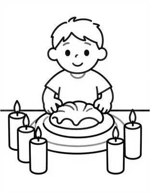 Dibujo para colorear de un niño sonriente junto a un pan de muerto sobre un plato rodeado de velas encendidas