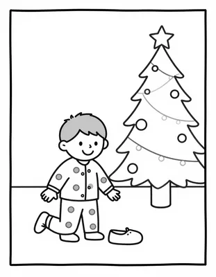 Dibujo para colorear de un niño en pijama colocando un zapato bajo un árbol de Navidad decorado con una estrella.
