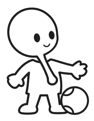 Dibujo para colorear de un niño sonriente con una raqueta de tenis y una pelota redonda a su lado