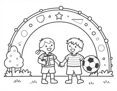Dibujo para colorear de un niño con camiseta a rayas que sostiene un regalo y un balón de fútbol junto a una niña bajo un arco decorado