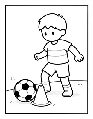 Dibujo para colorear de un niño con camiseta de rayas que regatea un balón de fútbol alrededor de un cono en el campo.
