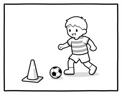 Dibujo para colorear de un niño con camiseta a rayas que regatea un balón junto a un cono en un campo de entrenamiento.