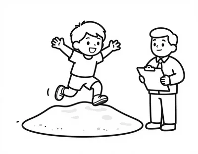Dibujo para colorear de un niño saltando con los brazos abiertos hacia un foso de arena mientras su entrenador lo observa con una tabla