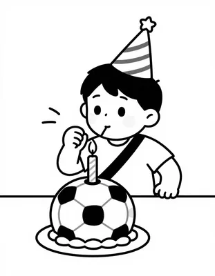 Dibujo para colorear de un niño con gorro de fiesta y banda diagonal soplando la vela de una tarta con forma de balón de fútbol