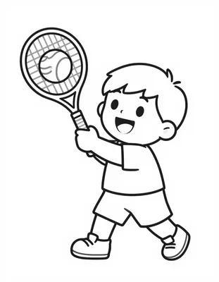 Dibujo para colorear de un niño sonriente con una raqueta de tenis lista para golpear una pelota en una pista soleada