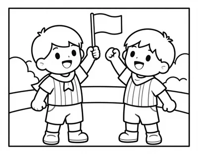 Dibujo para colorear de dos niños con camisetas a rayas y bufanda animando con una bandera en la grada de un estadio