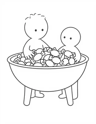 Dibujo para colorear de dos niños junto a un cuenco grande lleno de caramelos envueltos sobre una mesa.