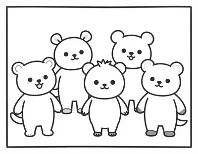 Dibujo para colorear de un grupo de niños con disfraces de ositos y otros animales caminando juntos al atardecer