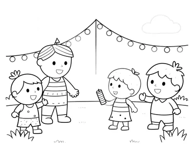 Dibujo para colorear de unos niños en una fiesta de calle con figuras de cartón piedra, guirnaldas de luces y un petardo