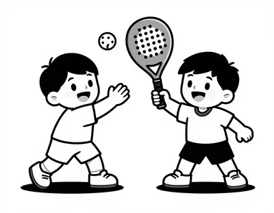 Dibujo para colorear de dos niños jugando al pádel en una pista pequeña, uno golpea la pelota con la pala