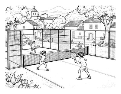 Dibujo para colorear de dos niños jugando al pádel en una pista con paredes de cristal, rodeada de casas de pueblo y árboles.