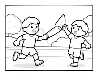 Dibujo para colorear de dos niños sonrientes que se pasan el testigo durante una carrera escolar en la pista