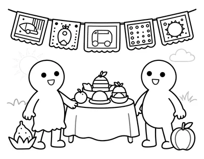 Dibujo para colorear de una ofrenda con papel picado colgando, una mesa con frutas y dos figuras sonrientes