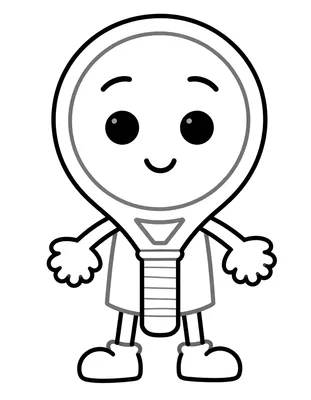 Dibujo para colorear de una paleta de pádel con carita sonriente de pie sobre una pelota con agujeros.