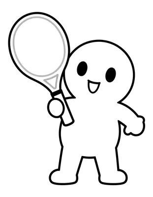 Dibujo para colorear de una pala de pádel con carita sonriente y dos agujeros redondos junto a una pelota grande