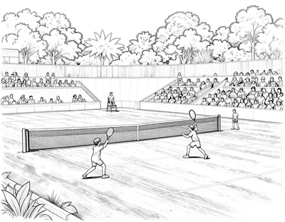 Dibujo para colorear de un partido de tenis en pista de hierba con dos jugadores, red, silla de juez y gradas llenas de público.