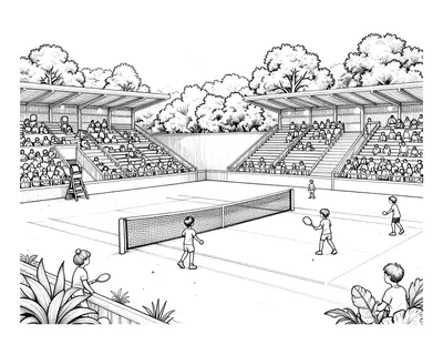 Dibujo para colorear de un partido de tenis en una pista de tierra batida con red, silla de árbitro, público en las gradas y árboles alrededor.