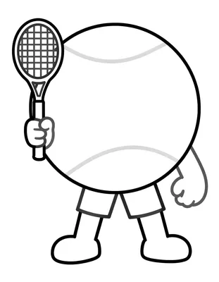 Dibujo para colorear de una pelota de tenis animada con raqueta en la mano, brazos y piernas.