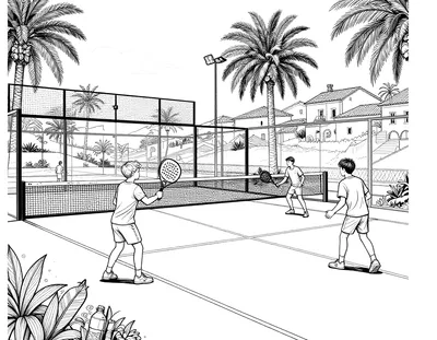Dibujo para colorear de una pista de pádel con paredes de cristal, red central y dos jugadores adolescentes en pleno intercambio, con palmeras y un pueblo al fondo.