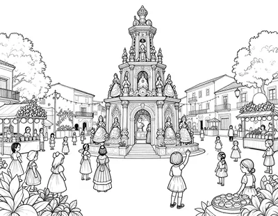 Dibujo para colorear de una plaza con una falla monumental de cartón piedra, familias con trajes tradicionales y puestos de flores al atardecer
