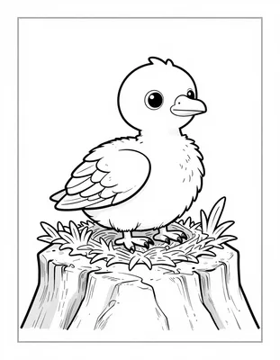 Dibujo para colorear de un polluelo de cóndor sentado en un nido sobre un acantilado rocoso con plantas alrededor
