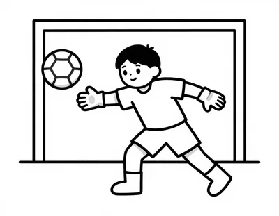 Dibujo para colorear de un portero con guantes que se lanza de lado para atrapar el balón junto a la portería