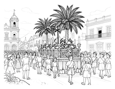 Dibujo para colorear de una procesión de Semana Santa al atardecer con un paso alto, velas, palmas y una multitud en una calle colonial.