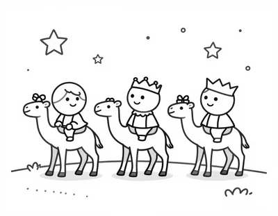 Dibujo para colorear de tres Reyes Magos montados en camellos en una noche desértica llena de estrellas, uno de ellos sostiene una cajita de regalo.