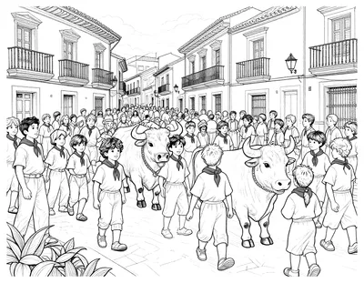 Dibujo para colorear de un desfile de San Fermín con niños vestidos de blanco y pañuelo rojo junto a toros mansos entre edificios del casco antiguo