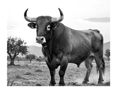 Dibujo para colorear de un toro bravo de cuernos curvos de pie en una finca andaluza con olivos y montañas al fondo