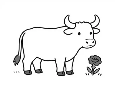 Dibujo para colorear de un toro con cuernos y cola rizada que pasta al lado de un clavel en el campo.