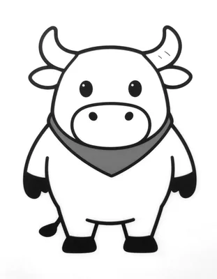 Dibujo para colorear de un toro simpático con pañuelo en el cuello de pie en una calle soleada