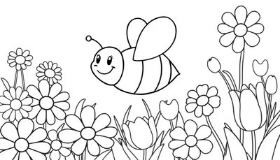 Placa de color de una abeja sonriente volando sobre flores coloridas.
