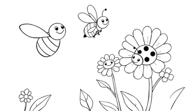 Página para colorear de abejas felices y flores. Incluye una placa de color.