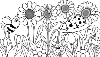 Página de colorear de primavera con abejas y flores, diseño de placa de color.