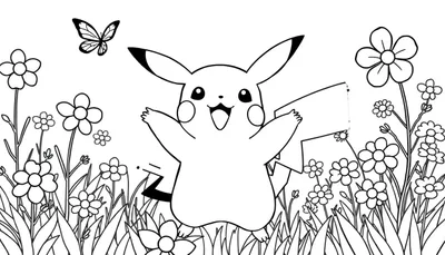 Pikachu sonriente en un campo de flores con una mariposa, listo para una placa de color.