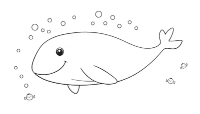 Placa de color de una ballena sonriente con burbujas y peces con peinados.