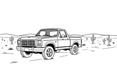 Camioneta Ford F-150 clásica en un paisaje desértico, lista para colorear con su placa de color.