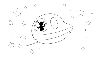Un simpático alienígena saluda desde una nave espacial con gruesos contornos para colorear, rodeado de estrellas.