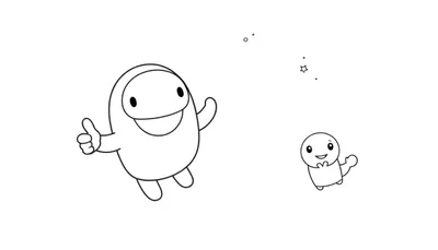 Dos personajes estilo Among Us, uno grande y uno pequeño, con sonrisas amigables y gestos de aprobación y saludo, flotando entre estrellas y círculos, listos para colorear en su placa de color.
