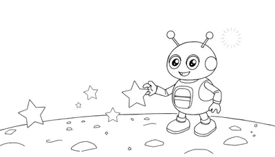 Un robot amigable con ojos grandes y antenas jugando con estrellas en un planeta, listo para ser coloreado.