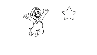 Placa de color de Mario saltando hacia una estrella dorada.