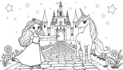 Placa de color de una princesa interactuando con un unicornio cerca de un castillo bajo un cielo estrellado.